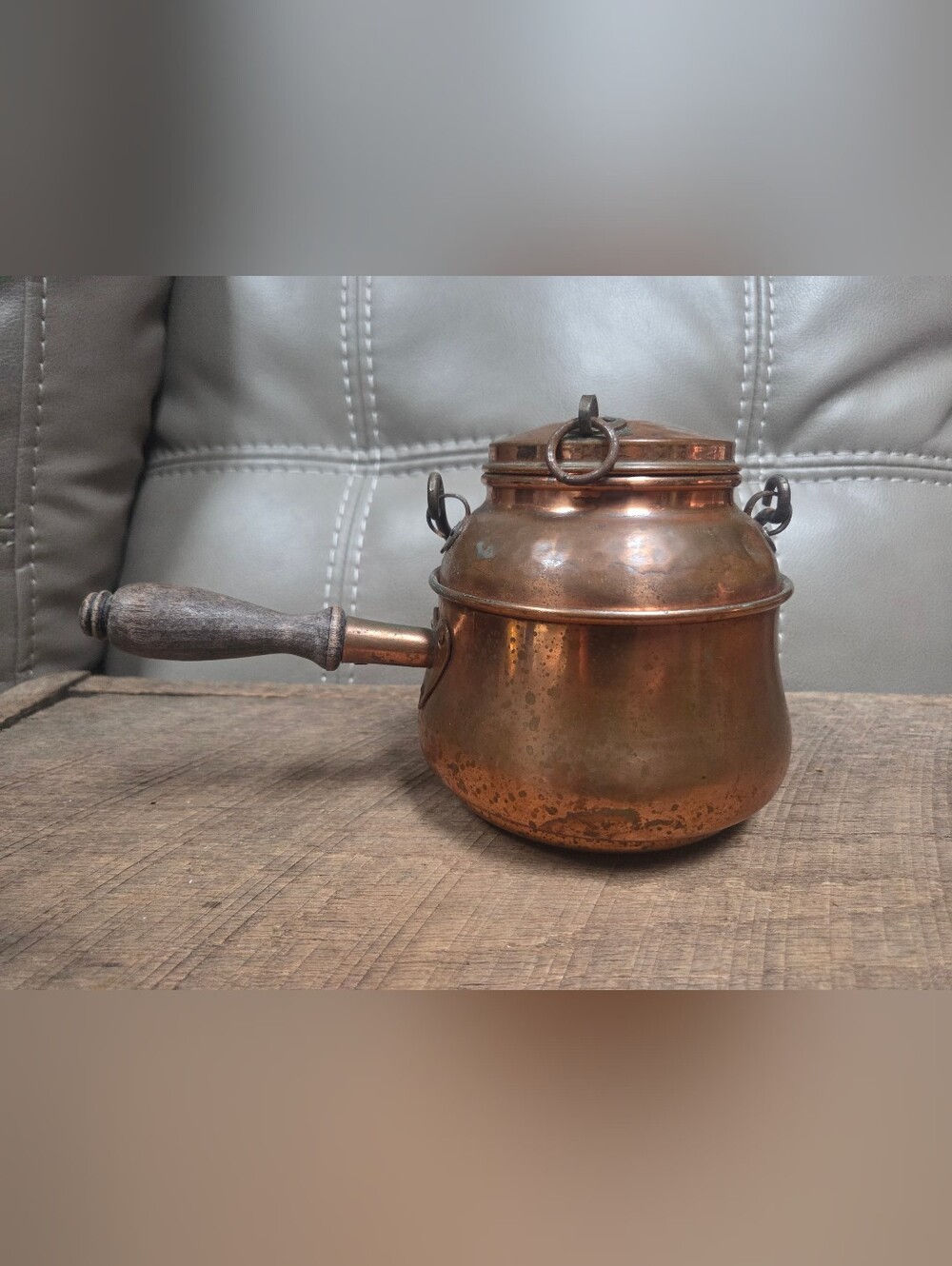 Vintage Copper Kettle w/ Wood Side Handle - Farmhouse Country Cottage Decor B1O